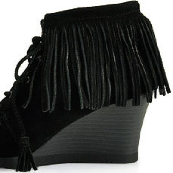 Minnetonka - Black Lace-Up Fringe Wedge Booties - Picture 5 of 8